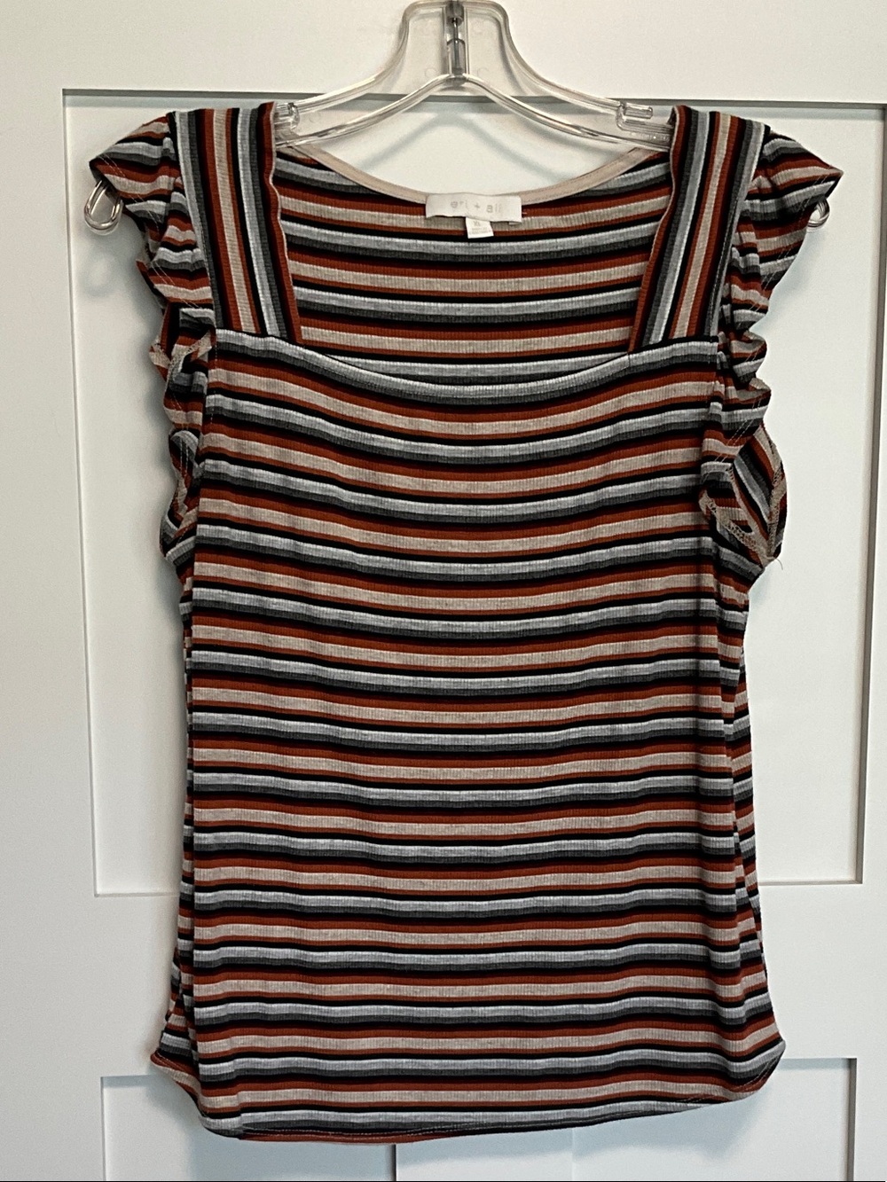 Striped Square-Neck Ruffle Sleeve Tank Top - Rust/Black/Gray